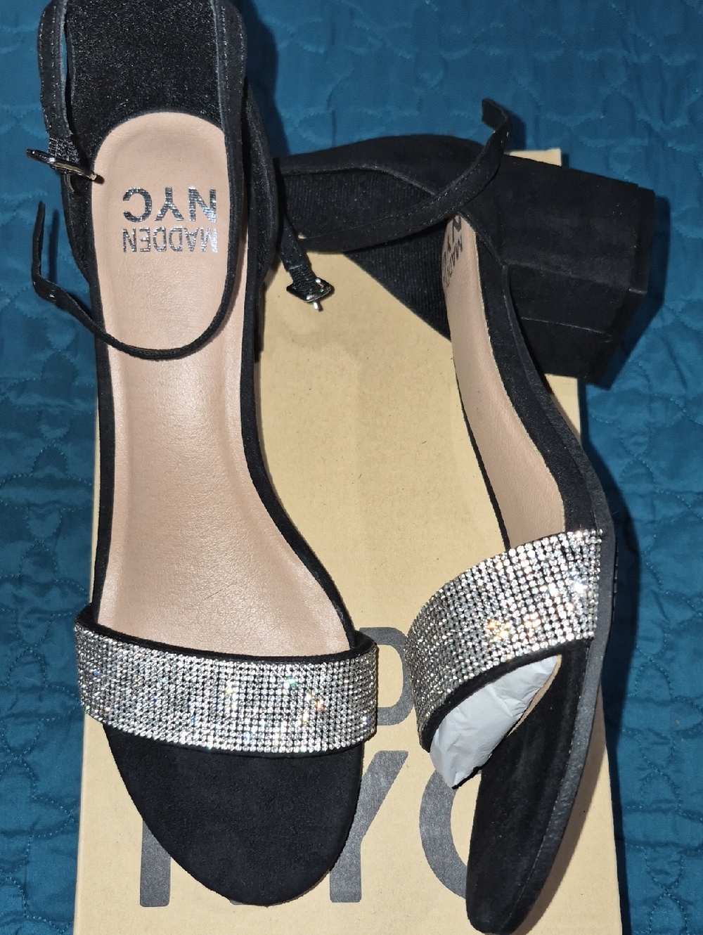 Madden NYC Black Block Heel Sandals with Crystal Toe Strap